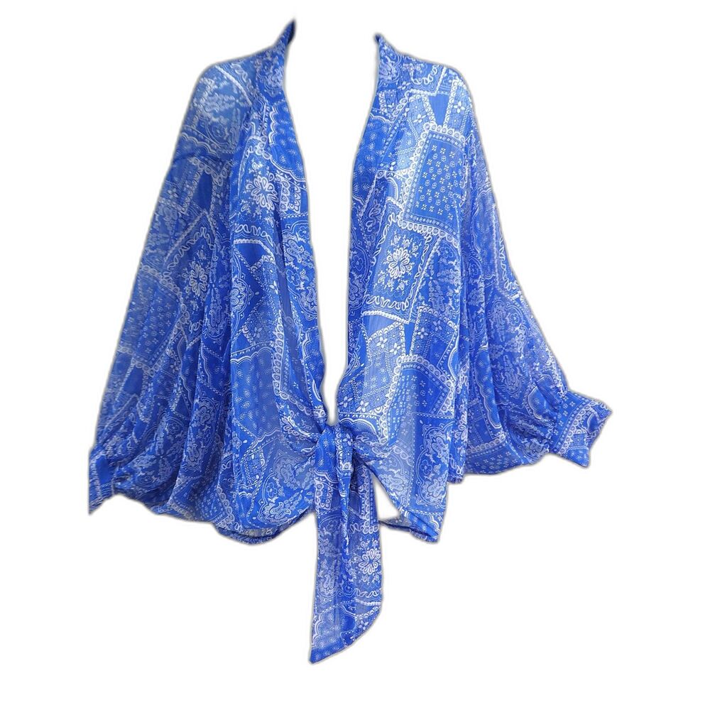 NEW Free People Golden Hour Tie Front Kimono Blue White Bandana Print Semi Sheer